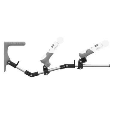 Side view of MagTube vr gunstock for PSVR 1 with Chrome Armature with Grey MK1 Buttstock and Grey PLA cups