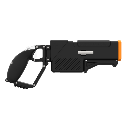 Side probolter powerful haptic gun for meta quest 3 and 3s with black carbon rear cup for right hand with orange tip