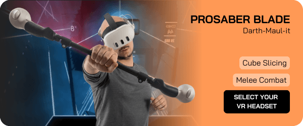 un homme jouant à BeatSaber avec un prosabre darth maul et un casque vr meta quest 3S