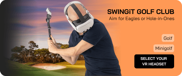 un homme utilisant un swingit golf club avec un casque meta quest 3S