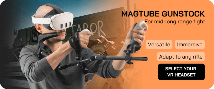 a man holding a magtube vr gunstock for quest 3 with a background of ghosts of tabor vr fps game