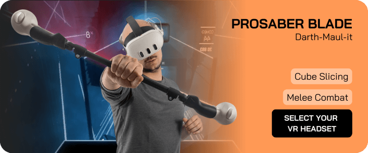 a man with a meta quest 3s holding a prosaber to slice cubes in beatsaber rythm game