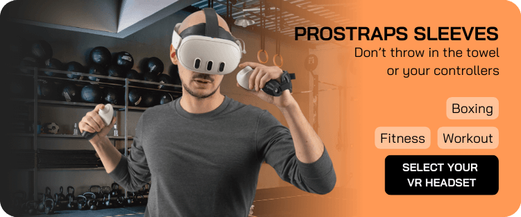 a man with a meta quest 3s and prostraps doing fitness in a vr game