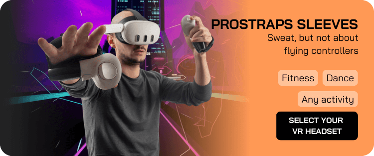 a man with prostraps sleeves for meta quest 3s controlelrs playing in front of synth raider vr game