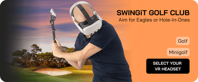 a man practicing golf in vr with a meta quest 3s and a swing it golf club