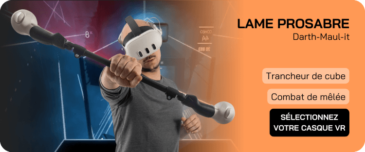 un homme avec un meta quest 3s tenant un prosabre pour couper les cubes dans beatsaber le jeu de rythme musical vr