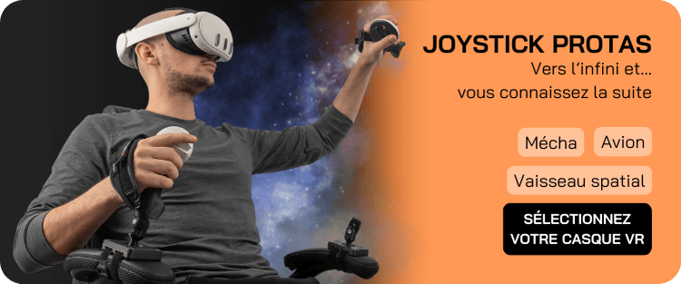 un homme assis avec des joysticks vr protas sur un fond spatial jouant avec le meta quest 3