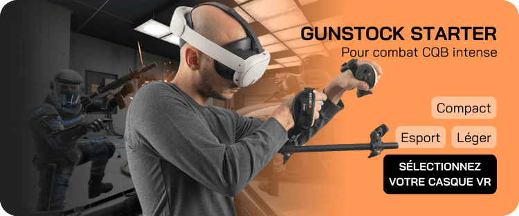 un homme tenant un starter cqb gunstock pour vr fps quest 3