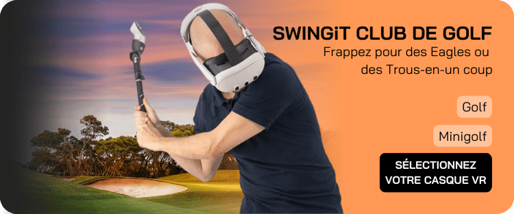 un homme faisant du golf virtuel avec le meta quest 3s et le swing it club de golf