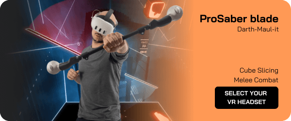 un homme jouant à BeatSaber avec un prosabre darth maul et un casque vr meta quest 3S